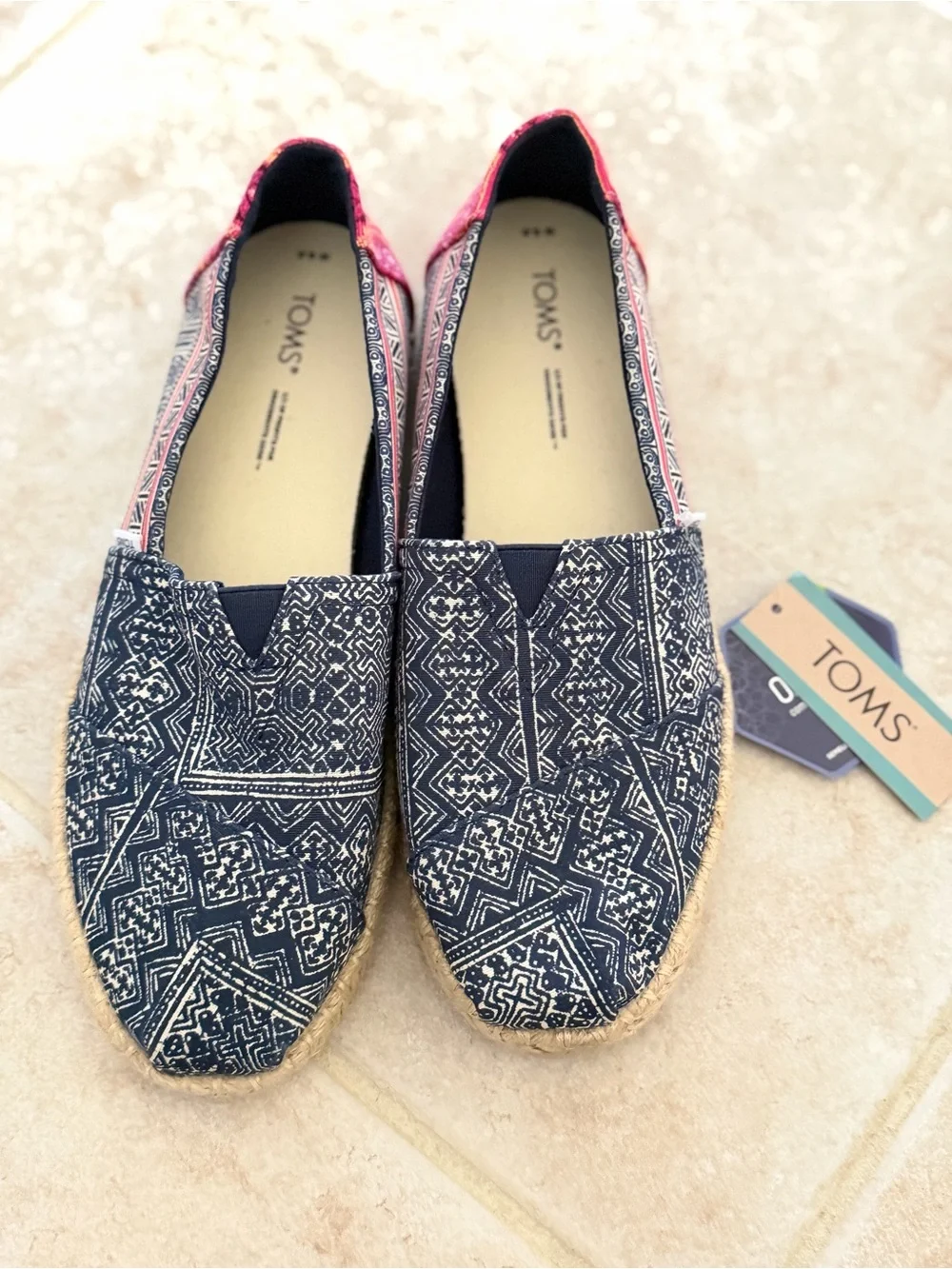 TOMS Navy Printed Canvas Alpargata Slip-Ons with Pink Accent